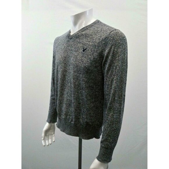 American Eagle Sweater Men’s Medium Salt Pepper Long Sleeve  V Neck Cotton - Picture 2 of 4